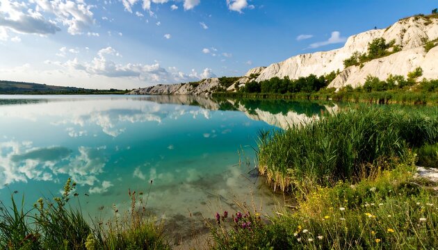 Serene lake reflecting cliffs under a blue sky - Powered by Adobe