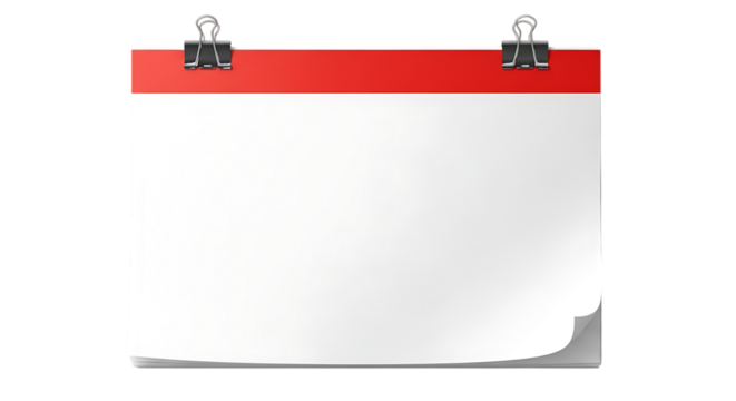 Red top blank calendar pages isolated on a transparent background