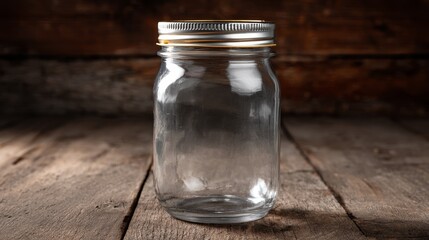 Empty glass mason jar with metal lid on rustic oak surface