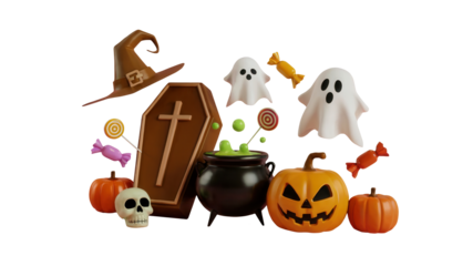 Spooky Halloween celebration elements including pumpkins, ghosts, cauldron, coffin, witch hat, and candy perfect for festive decorations and party invitations