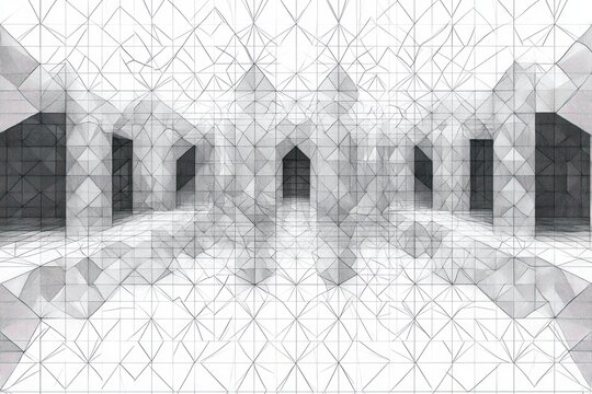 Monochrome geometric architectural interior with tall arches and symmetrical columns rendered in a wireframe triangular pattern creating a futuristic and abstract space