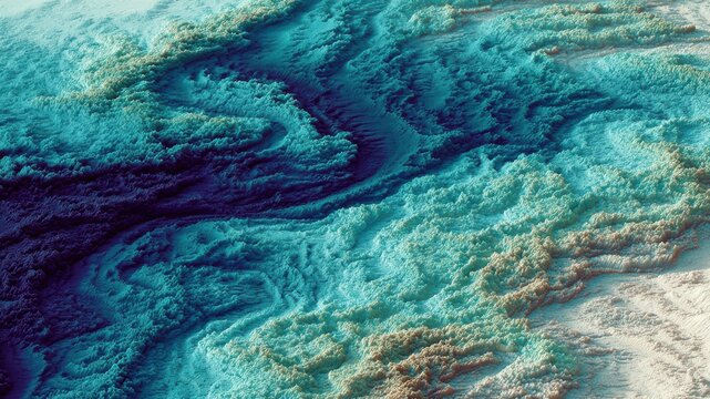 Aerial abstract scene, vibrant blue texture, dynamic pattern, energetic movement, textured surface, creative background