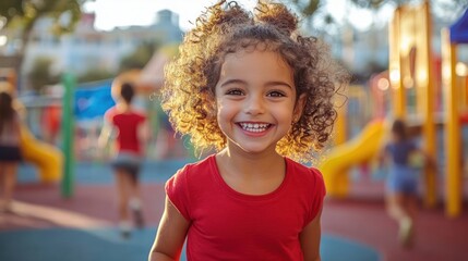 Smiling young girl with curly hair wearing a red shirt playing joyfully at a colorful playground on a sunny day