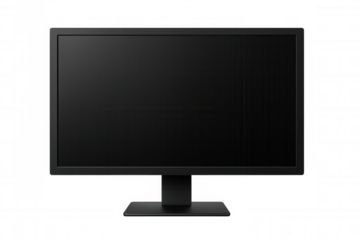 Black computer monitor displaying blank screen, floating on transparent background, ready for mockup design presentation