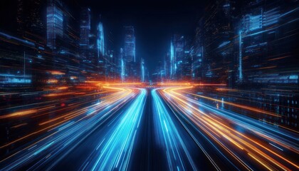 Futuristic cityscape at night with towering skyscrapers and dynamic blue and orange light trails creating a sense of high-speed movement and modern technology