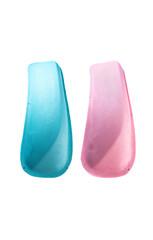 Professional long blue and pink climbing holds for indoor rock climbing walls, featuring ergonomic design and textured surface on white background.