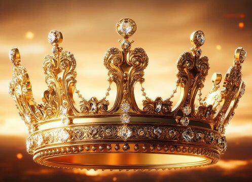 ornate gold crown with intricate floral and scroll designs set with sparkling large diamonds floating against a warm glowing sky background