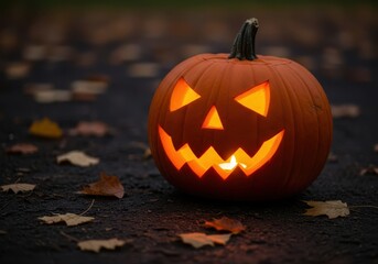 Fototapeta premium A carved jackolantern glows eerily on a dark, leafstrewn path, embodying the spirit of halloween night