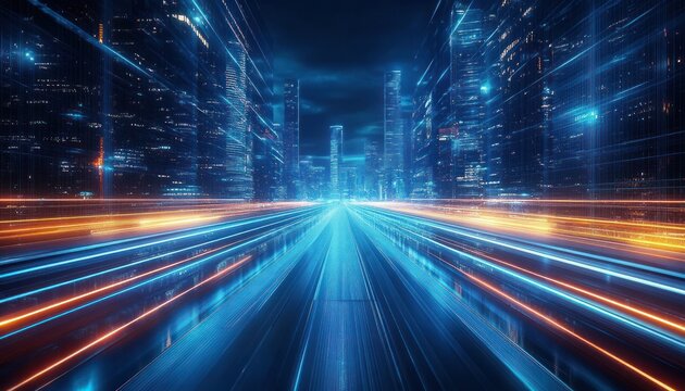 Futuristic cityscape at night with glowing skyscrapers and bright light trails converging forward, creating a sense of speed and dynamic energy