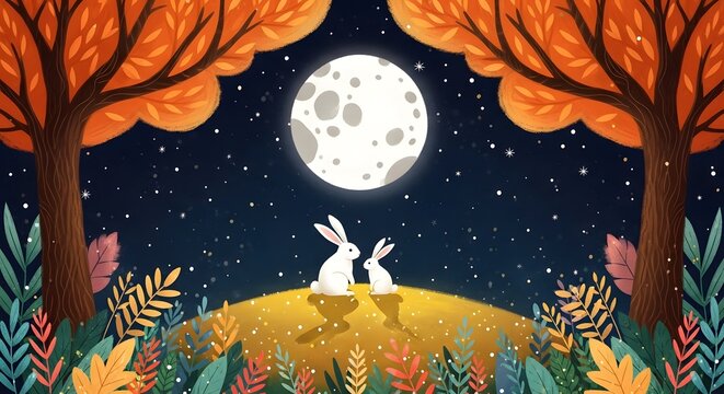 Midautumn festival illustration with rabbits watching the full moon in the forest, a traditional holiday celebrated in chinese and vietnamese cultures