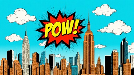 dynamic comic cityscape with explosive 'pow' graphic in vibrant retro style | comic, action, retro, design, advertising theme