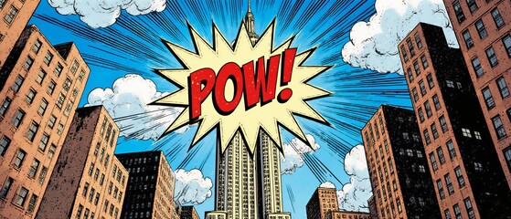 dynamic comic cityscape with energetic explosion and bold text graphics creating a playful visual | comic, action, retro, popart, dynamic theme