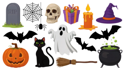 Spooky Halloween icons set featuring a pumpkin, black cat, ghost, witch hat, cauldron, candle, tombstone, skull, and broomstick for festive decorations and invitations
