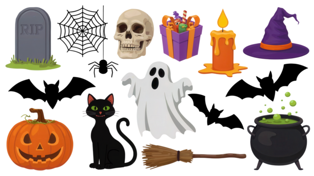 Spooky Halloween icons set featuring a pumpkin, black cat, ghost, witch hat, cauldron, candle, tombstone, skull, and broomstick for festive decorations and invitations