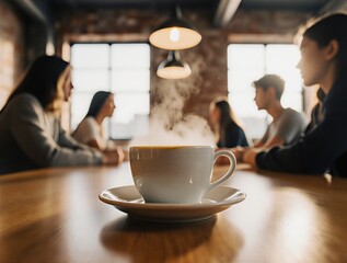team members enjoying coffee break and discussing project details in blurred office environment | business, teamwork, workplace, strategy, collaboration theme