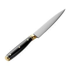 A sharp kitchen knife featuring a black handle with golden accents and a sleek metal blade for precise cutting.