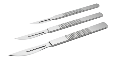 Surgical scalpels sharp steel instruments isolated on a transparent background