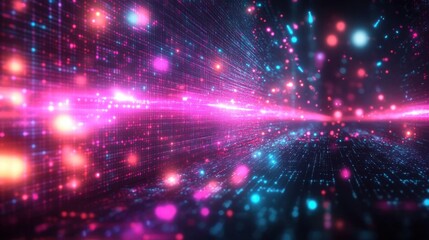 Obraz premium Bright neon lights glowing in pink and blue digital grid creating a futuristic and vibrant atmosphere with scattered light particles