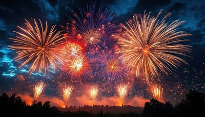 Bright colorful fireworks exploding over a dark forest landscape under a starry night sky creating a festive and celebratory atmosphere