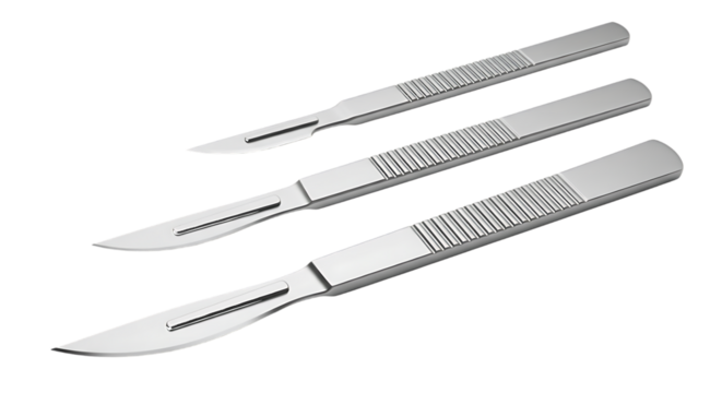 Surgical scalpels sharp steel instruments isolated on a transparent background