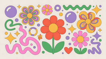 "Groovy abstract flower vector with heart shapes, playful squiggles and vibrant retro colors"