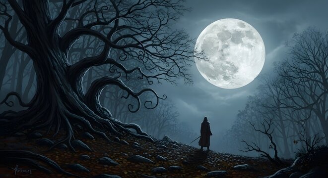 A lone figure stands silhouetted against a full moon in a dark, enchanted forest, with gnarled trees and twisted roots creating an eerie, mystical atmosphere - Powered by Adobe