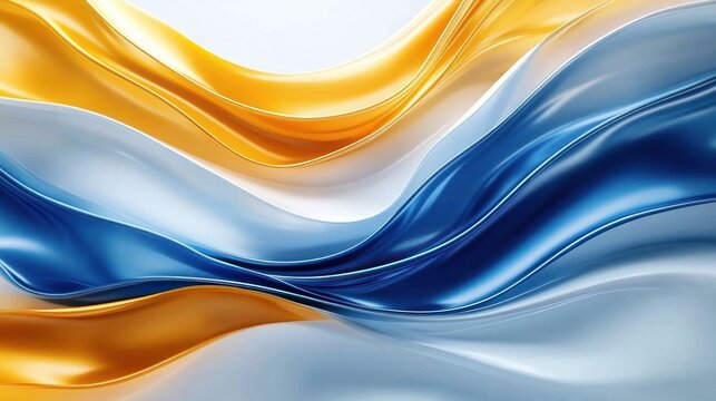 Smooth flowing abstract waves in glossy silver, blue, and golden yellow colors creating a vibrant and elegant visual effect with fluid motion
