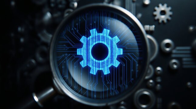 inspecting website efficiency with a magnified gear representing technical optimization and performance analysis | technology, business, data, internet, engineering theme