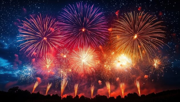Bright multicolored fireworks exploding over a dark forest silhouette under a starry night sky creating a festive and celebratory atmosphere - Powered by Adobe