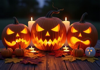 Three carved pumpkins and miniature pumpkins are displayed with candles and autumn leaves on a wooden table, ready for a halloween celebration grain background texture