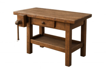 Vintage wooden workbench featuring drawer, vise, shelf - professional carpentry tool standing ready for precise woodworking tasks