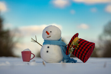 Snowman winter background. Snow holiday scene. Festive snowman with scarf. Snowy landscape design....