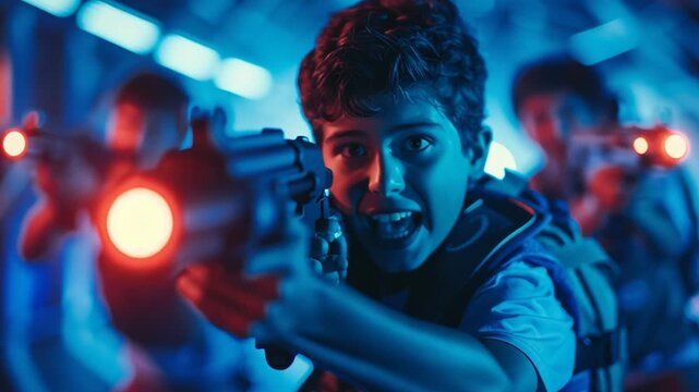 Excited boys playing intense laser tag aiming glowing gun in neon arena