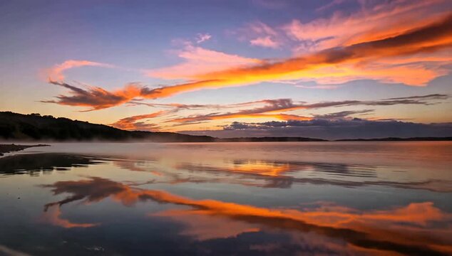 Reflections of Dawn A Serene Waterscape with Fiery Clouds at Sunrise