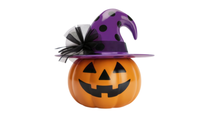 Whimsical Halloween pumpkin wearing a stylish purple polka dot witch hat with a black bow, perfect for spooky season decorations and festive designs.