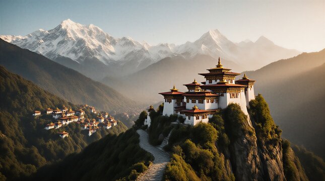 ancient buddhist monastery nestled amidst stunning himalayan peaks at sunrise | travel, religion, asia, architecture, nature theme