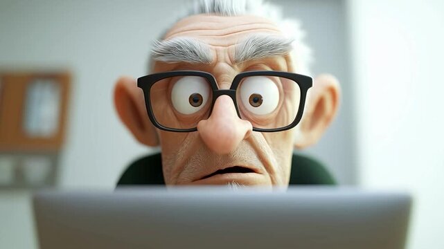 Old man character with glasses looking confused at the computer screen while talking