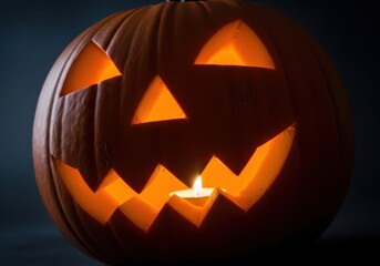 Fototapeta premium A carved jackolantern glows with a candle inside, casting an eerie light in the darkness