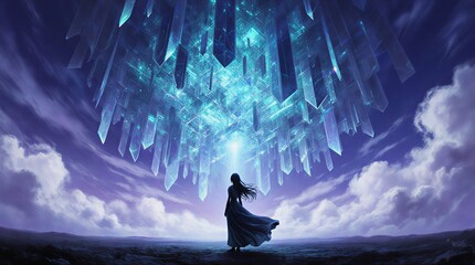 woman contemplating abstract digital display in a vast, futuristic landscape | science, future, digital art, technology, abstract theme