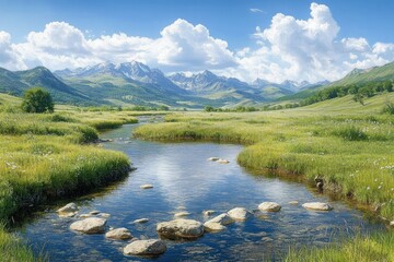 Peaceful mountain valley with clear river flowing through green grassy meadows under a bright blue sky with fluffy white clouds