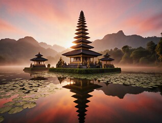 serene pagoda reflecting golden light on a tranquil lake at dusk in indonesia | travel, spiritual, landscape, meditation, culture theme