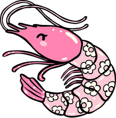 Cute Groovy Shrimp with Floral Pattern Hand Drawn, Fisherman Aesthetic