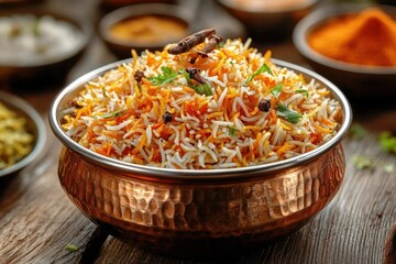 A close-up of spiced basmati rice with whole cloves and fresh herbs served in a traditional hammered copper bowl on a wooden table with spices in the background