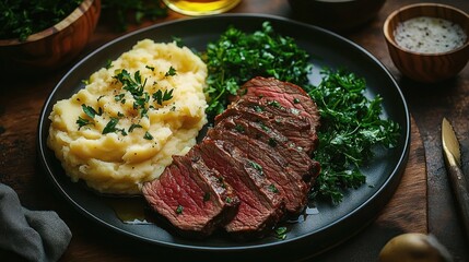 Plate with sliced medium rare steak garnished with herbs, creamy mashed potatoes topped with parsley, and fresh leafy greens on a dark rustic wooden table