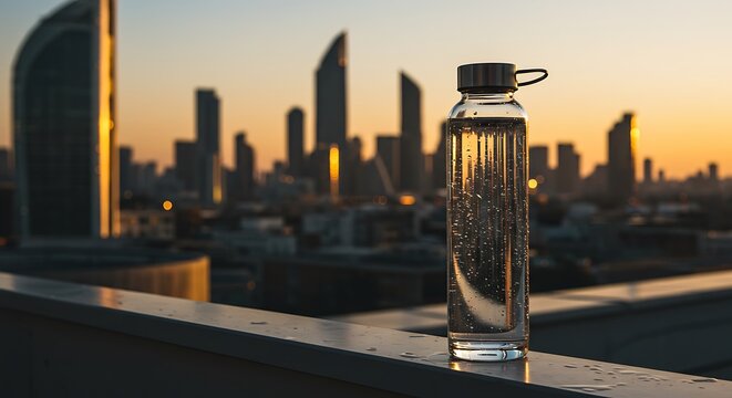 Hydration in the urban glow A refreshing water bottle stands against a vibrant city skyline during the beautiful golden hour, symbolizing health and modern living - Powered by Adobe