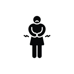 Hungry woman icon. Simple glyph style. Poor woman, hunger, stomach, pain, holding, person, abdominal, adult, constipation, sad people concept. Silhouette, solid symbol. Isolated design.