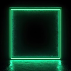 Glowing neon green square frame with light reflections on a dark textured surface creating a futuristic and mysterious atmosphere