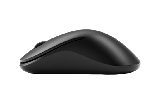 Matte Black Computer Mouse with Human Hand Using It, Natural Interaction on Transparent Background