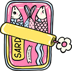 Girly Sardines in Olive Oil Can Hand Drawn, Pastel Fisherman Aesthetic