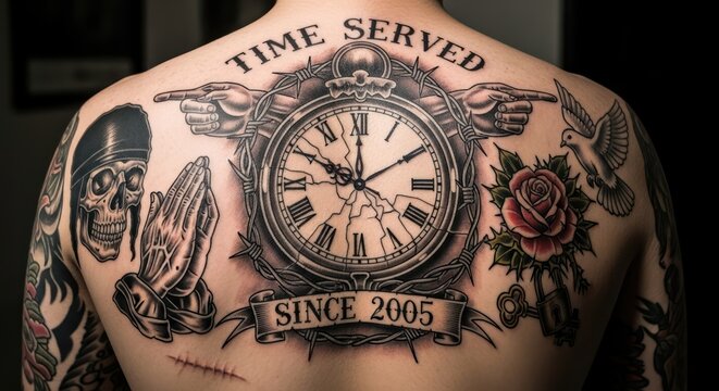 Intricate back tattoo featuring a cracked clock symbolizing time served with symbolic imagery